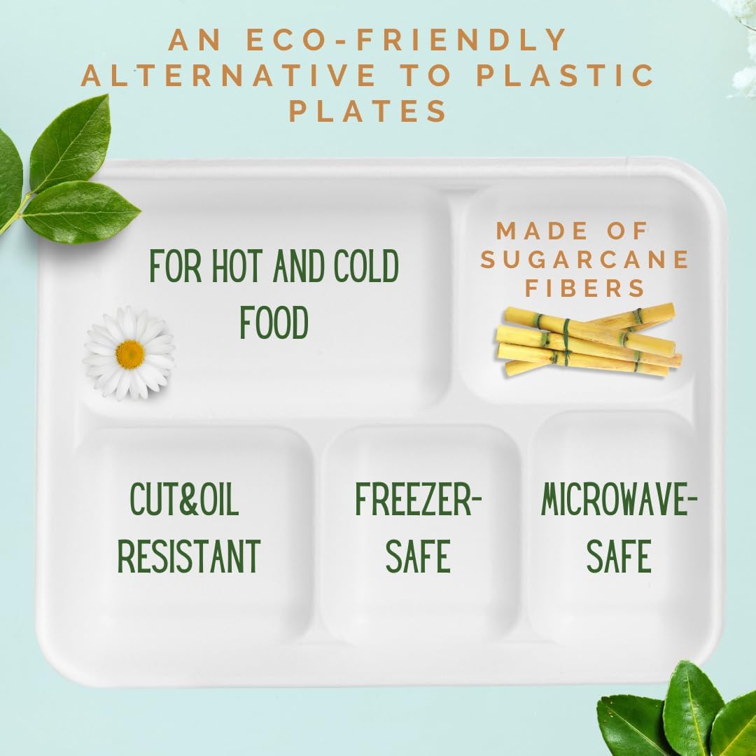 5 Compartment Food Trays 50-Pack Disposable Sugarcane Plates