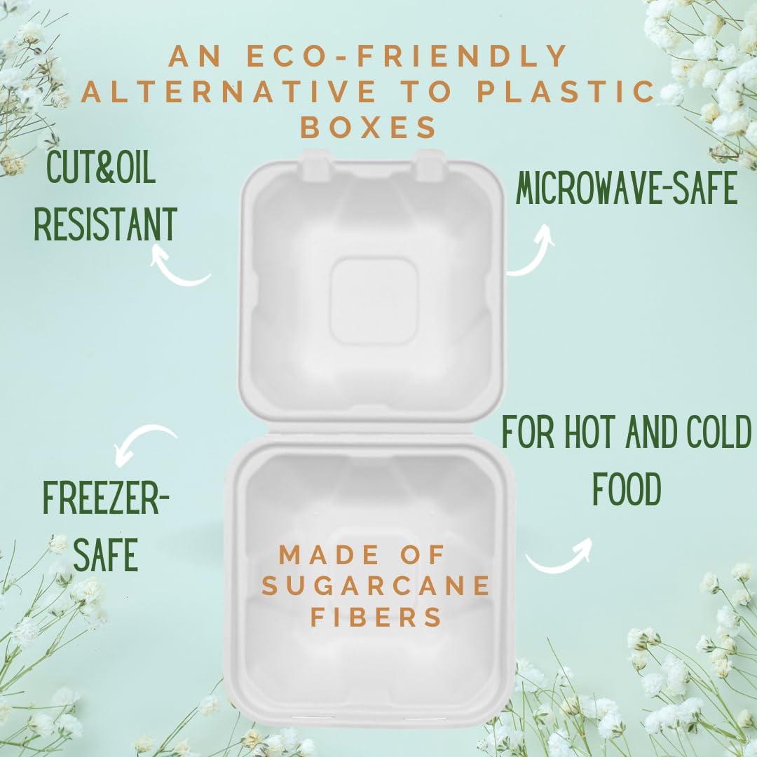 Burger Takeaway Boxes - 125-Pack Clamshell 15x15cm Sugarcane Biodegradable White