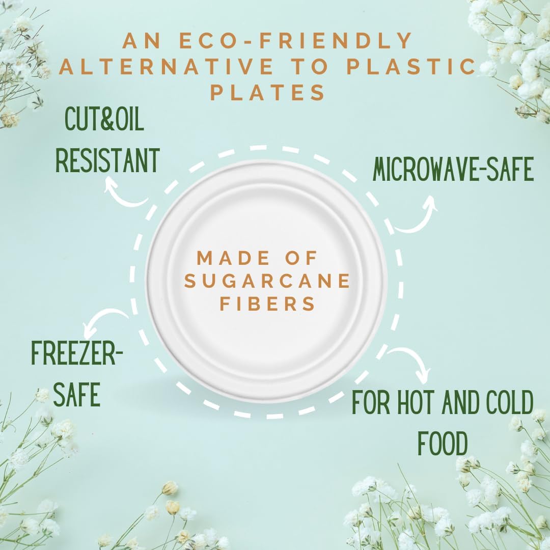 9-Inch Round Disposable Plates 50-Pack Bagasse Sugarcane Biodegradable Eco Friendly Microwave-Safe