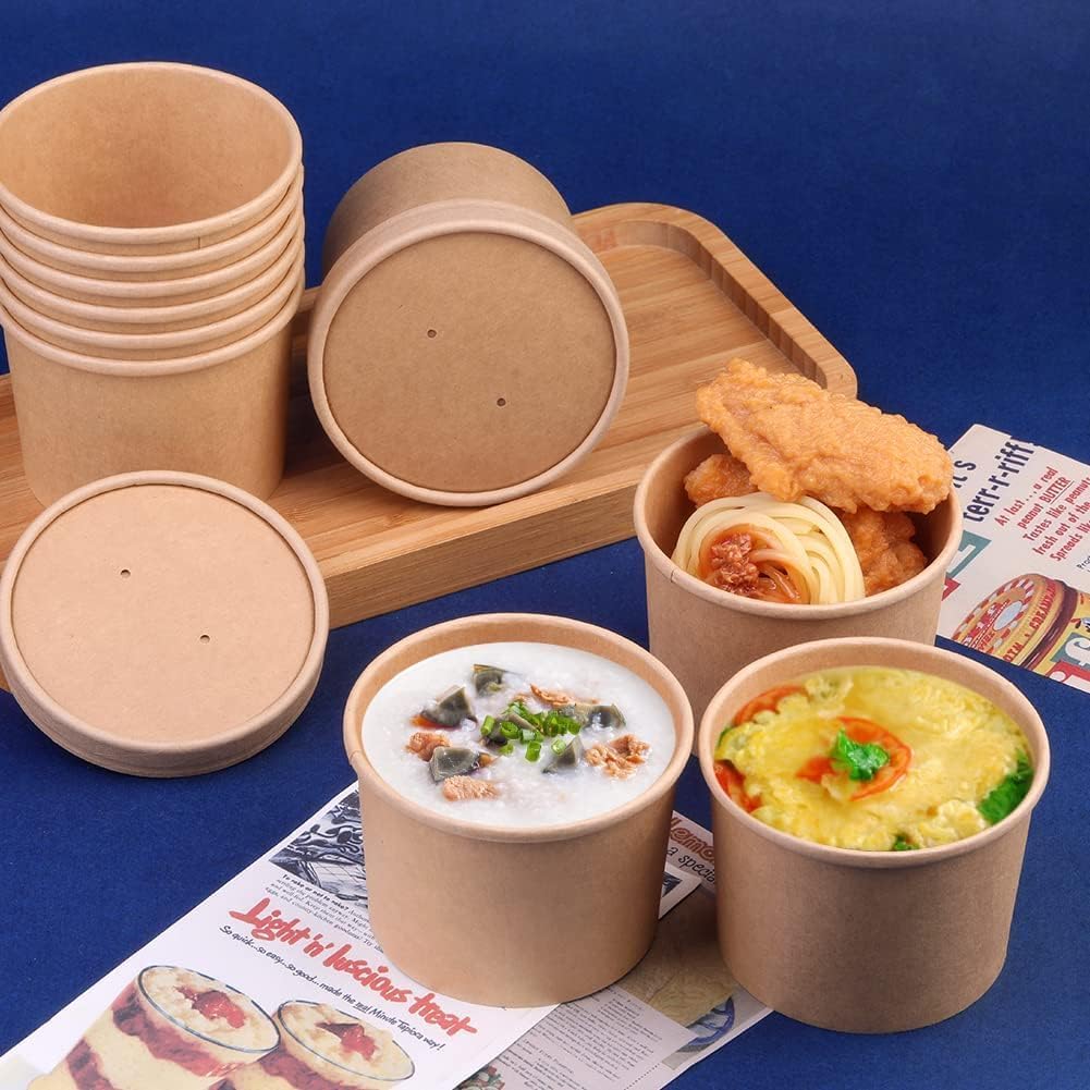 Soup Containers with Lids 12oz Brown Kraft Disposable - Ideal for Ice Cream Tubs and Soup Bowls Takeaway Tubs