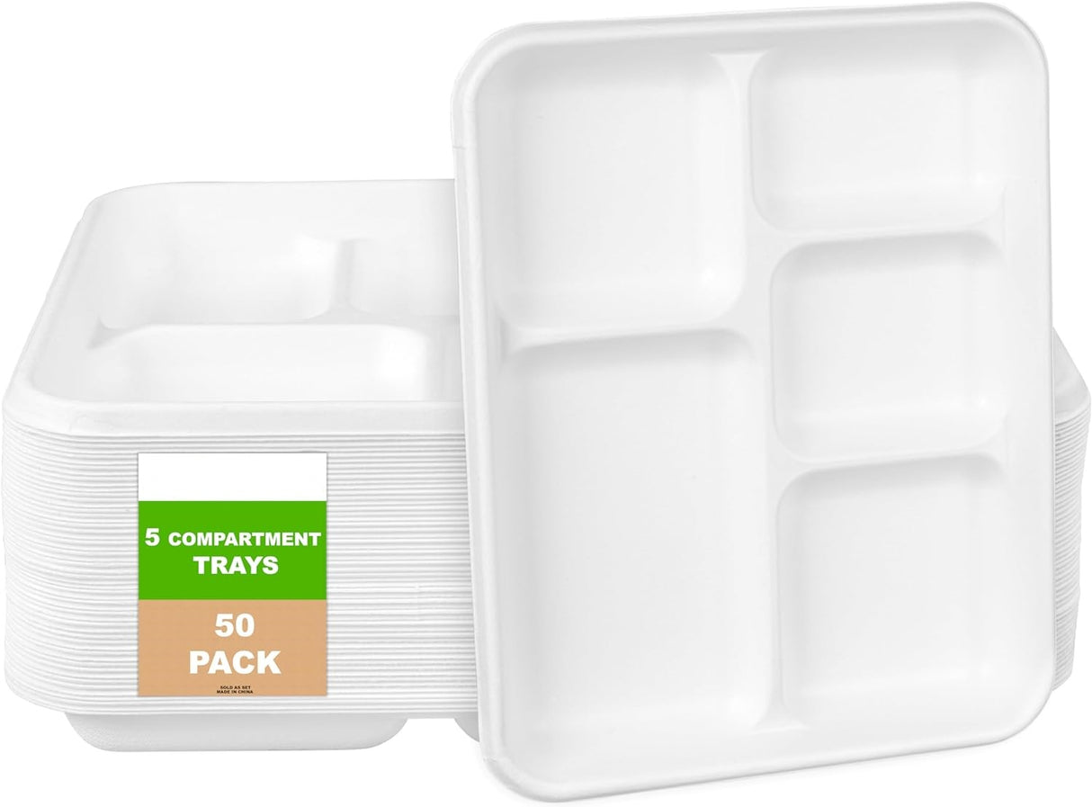 5 Compartment Food Trays 50-Pack Disposable Sugarcane Plates