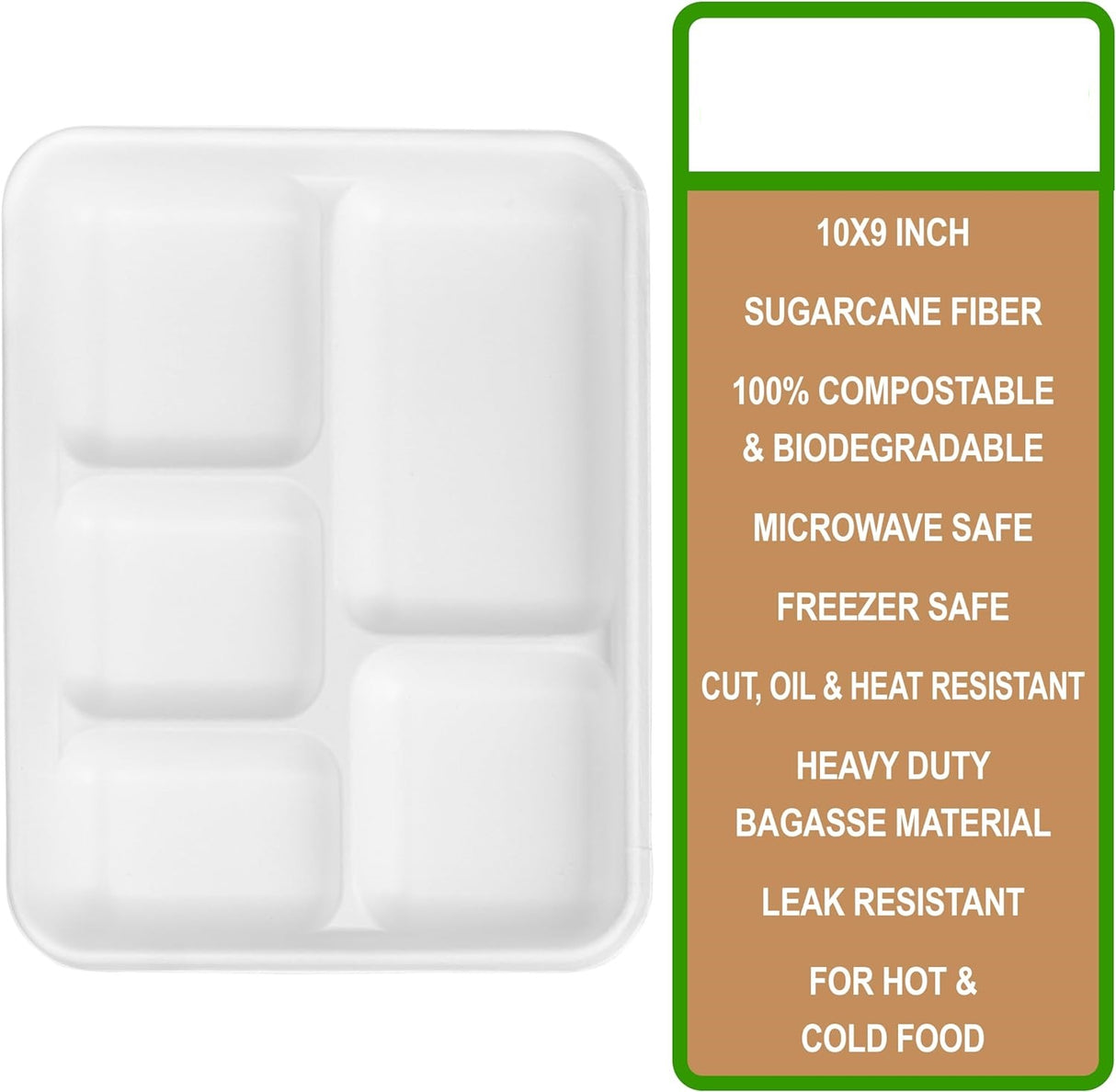 5 Compartment Food Trays 50-Pack Disposable Sugarcane Plates