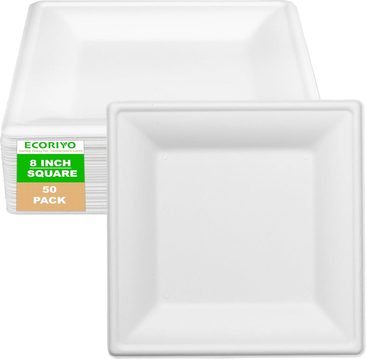 Square Plates 8-Inch Diameter Bagasse Sugarcane - 50-Pack Eco Friendly