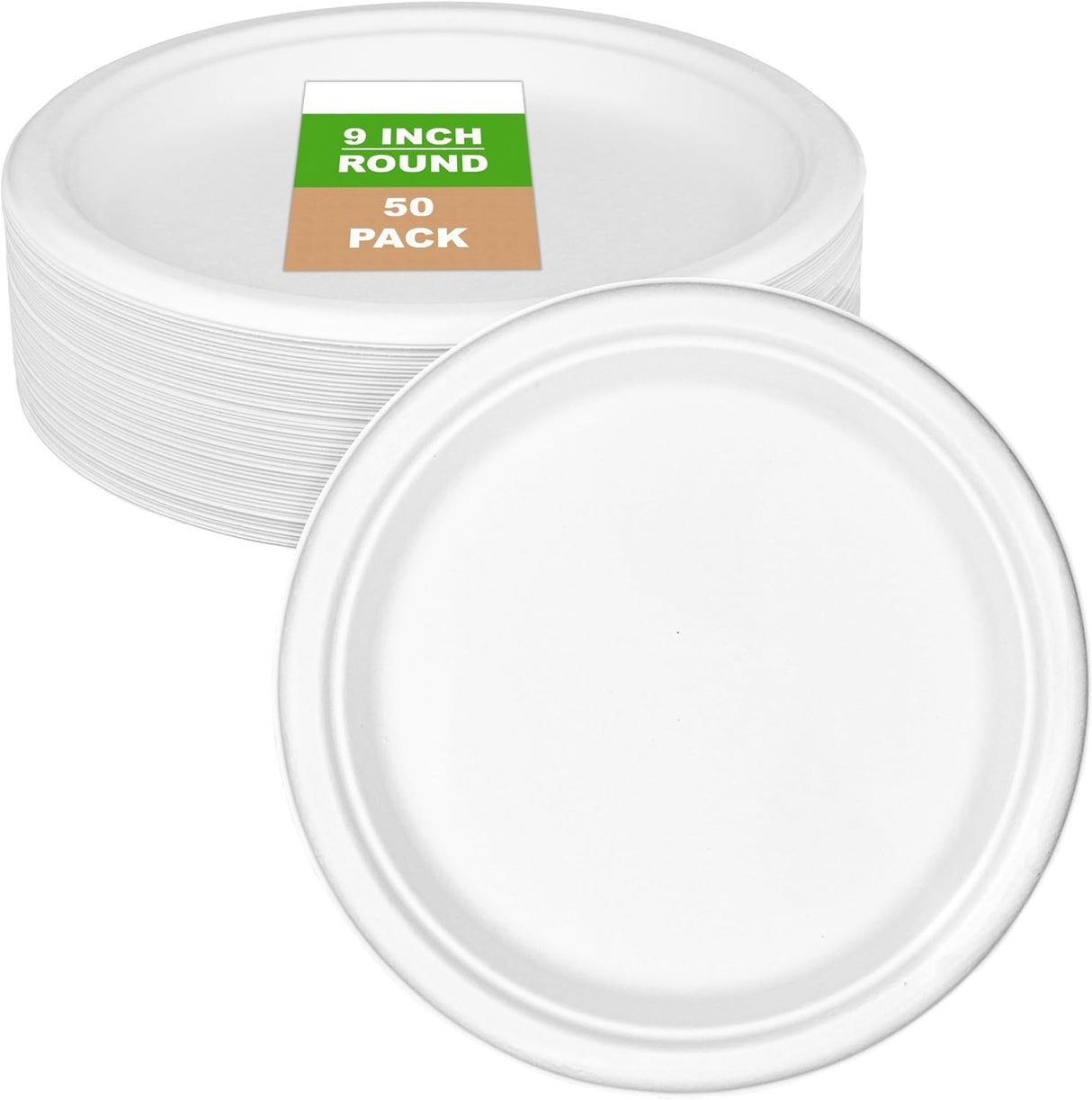 9-Inch Round Disposable Plates 50-Pack Bagasse Sugarcane Biodegradable Eco Friendly Microwave-Safe