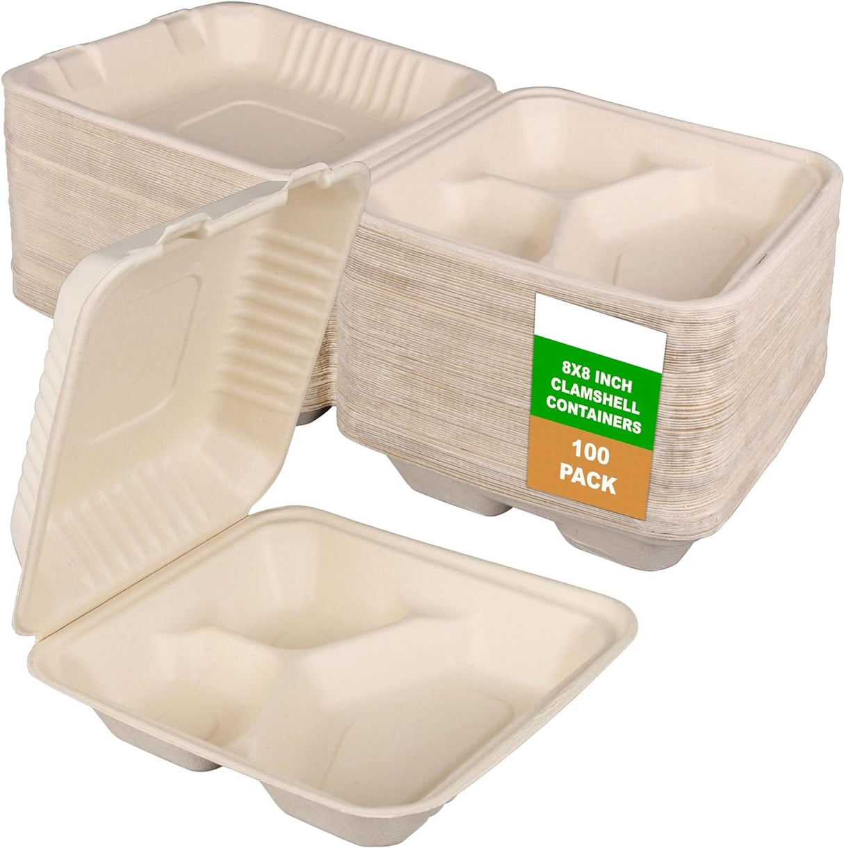 3 Compartment Food Container 100-Pack of Clamshell Takeout Box