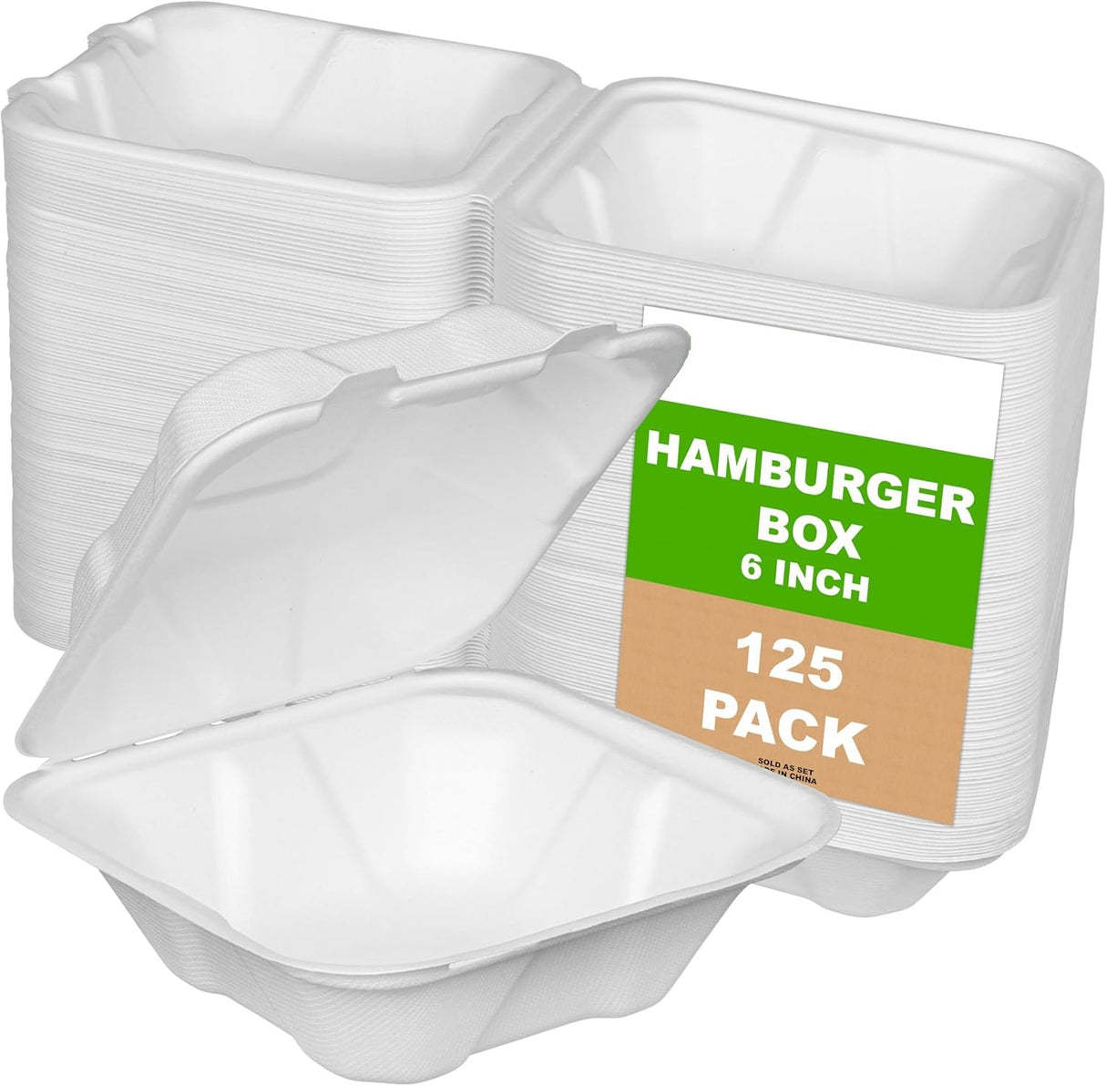 Burger Takeaway Boxes - 125-Pack Clamshell 15x15cm Sugarcane Biodegradable White