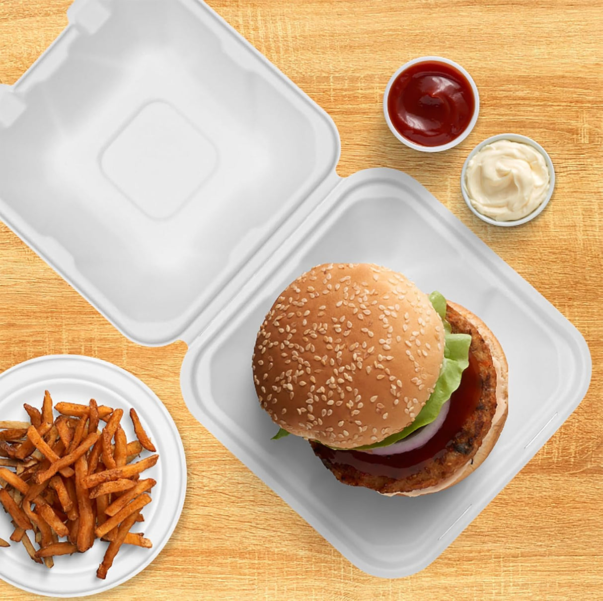 Burger Takeaway Boxes - 125-Pack Clamshell 15x15cm Sugarcane Biodegradable White