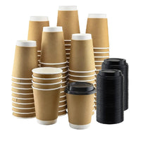 Paper Cups with Lids Kraft Disposable 12oz 16oz Brown with Black lids Hot Cold Drink Cappuccino Espresso