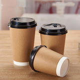 Paper Cups with Lids Kraft Disposable 12oz 16oz Brown with Black lids Hot Cold Drink Cappuccino Espresso