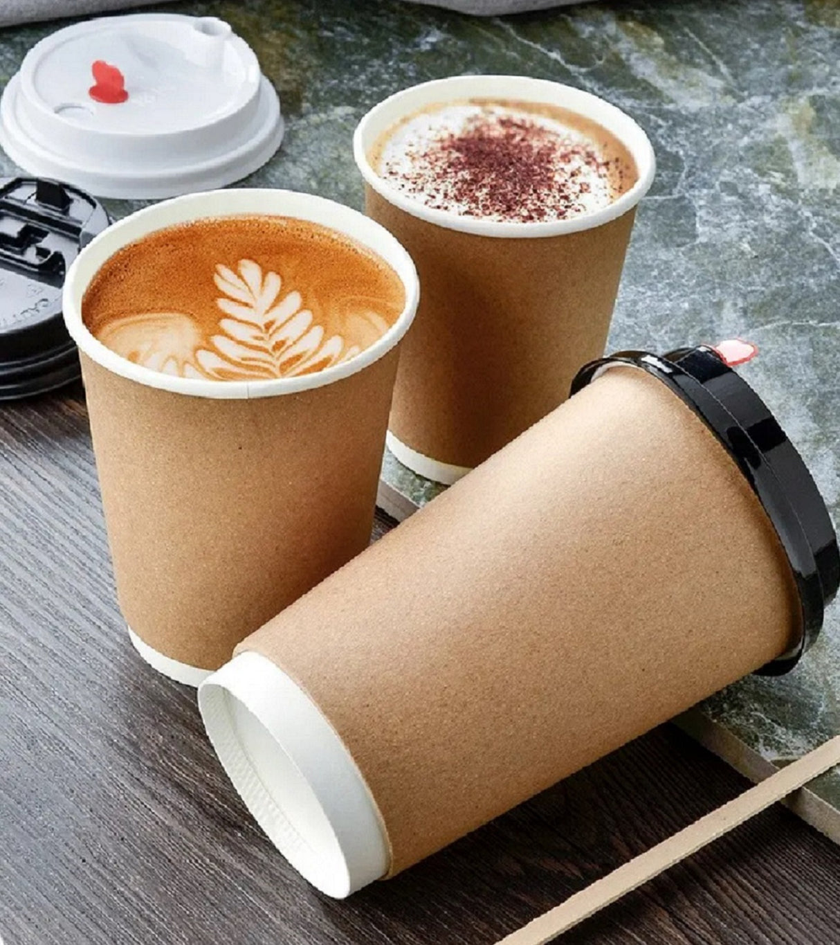 Paper Cups with Lids Kraft Disposable 12oz 16oz Brown with Black lids Hot Cold Drink Cappuccino Espresso